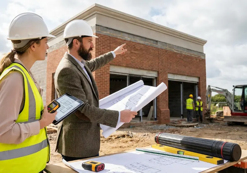 Architects reviewing construction blueprints on site