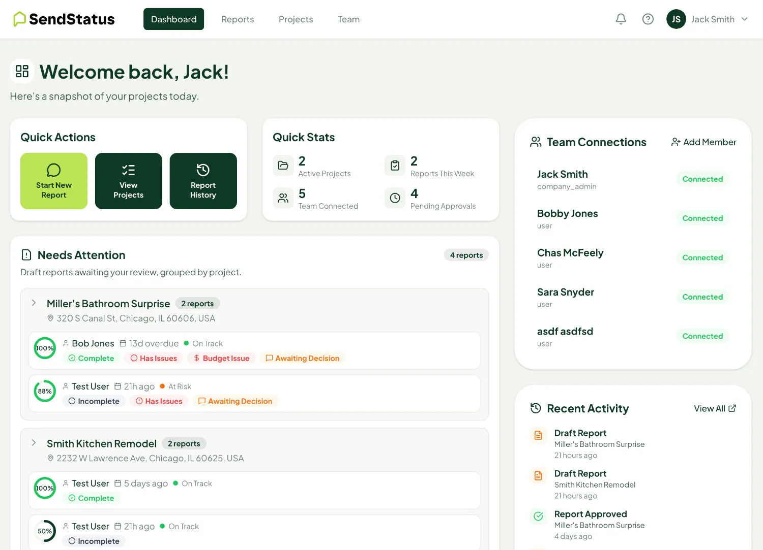 SendStatus dashboard showing project overview and recent reports