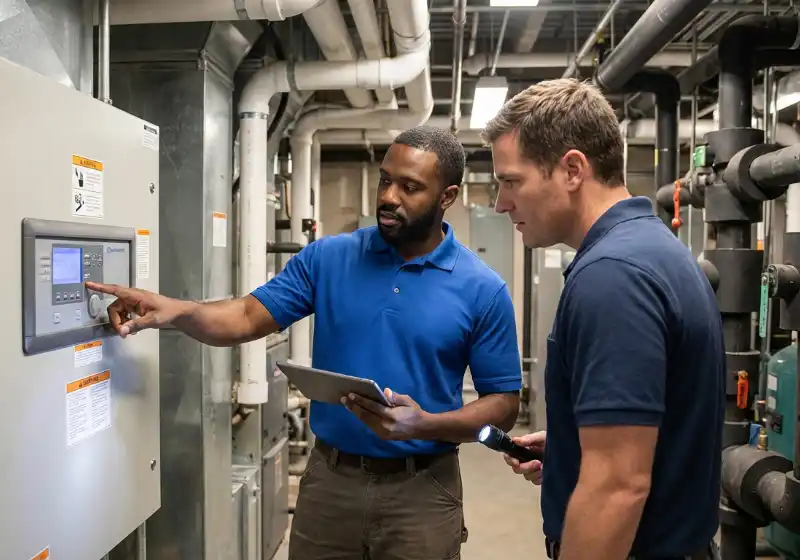 Facilities managers inspecting building systems