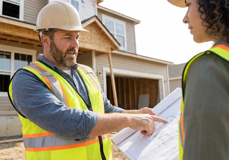 Home builder reviewing blueprints on site