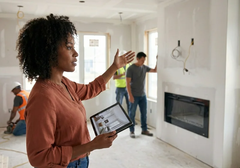 Interior designer directing work on job site