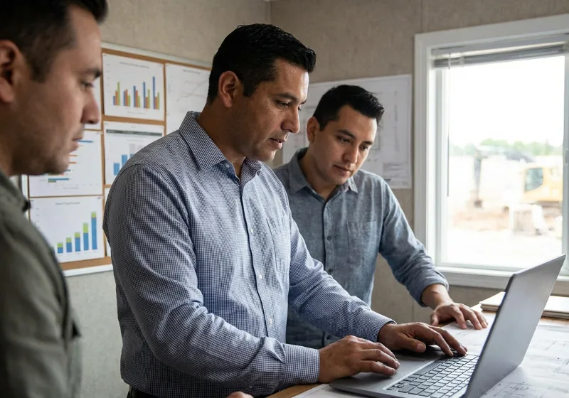 Project managers reviewing progress on laptop