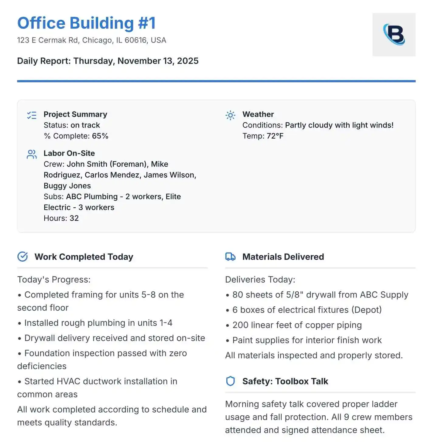 Sample status report with project details, work completed, and safety information