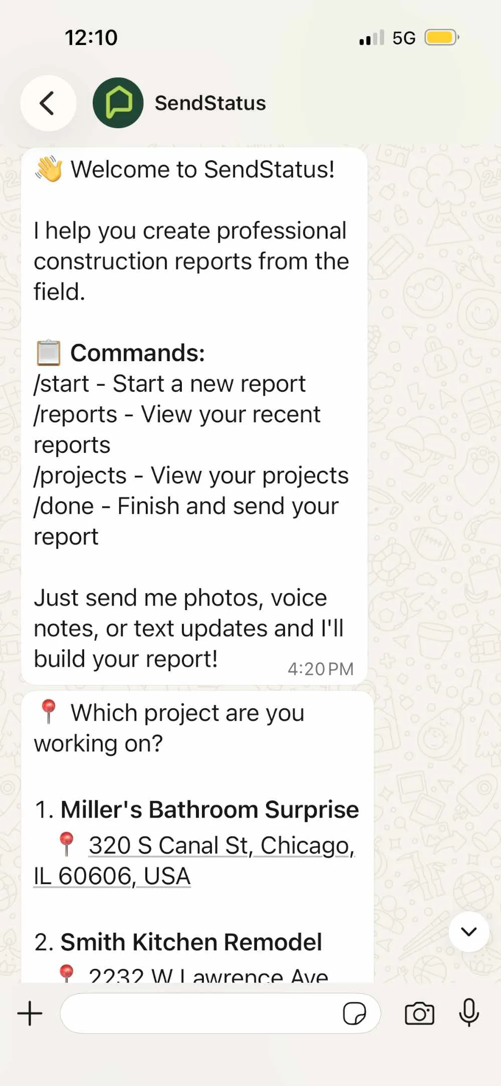 WhatsApp conversation showing report completion with automated bot responses